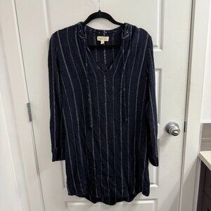 Cloth‎ & Stone Navy Blue Striped V-Neck Tunic Dress Lace Up Back Womens Medium